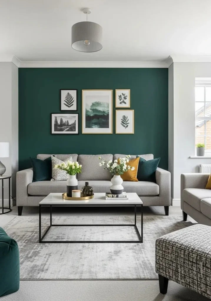 Feature wall in living room with bold paint and artwork adding depth and personality