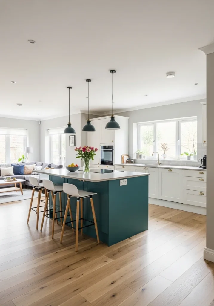 Open-plan white U-shaped kitchen with colorful island centerpiece.