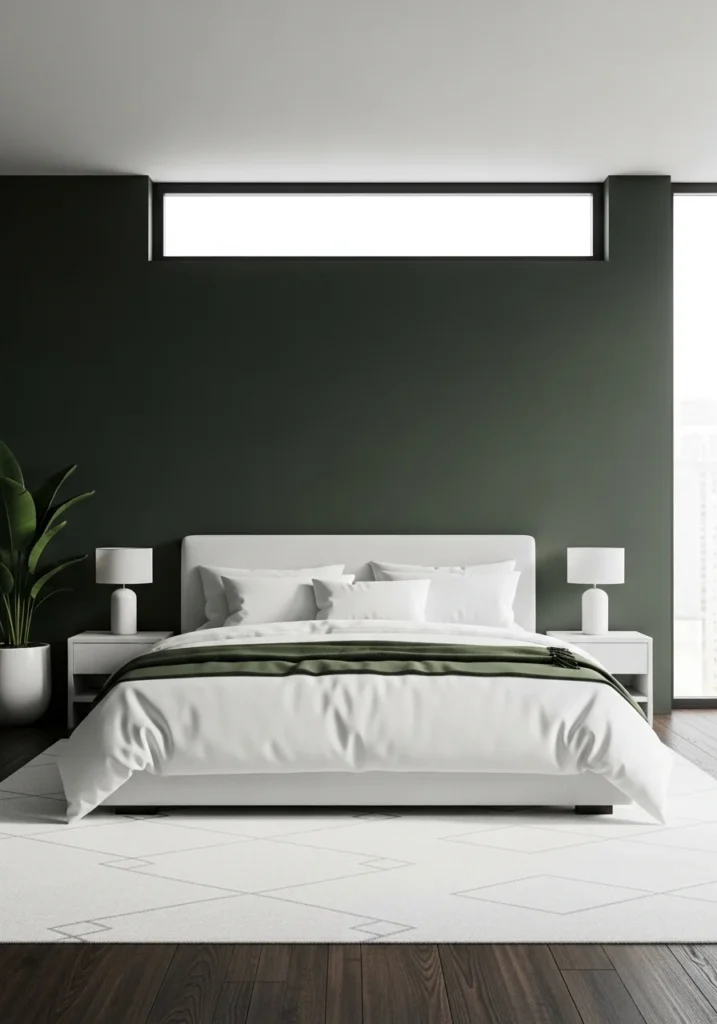 dark green and white bedroom fresh modern contrast