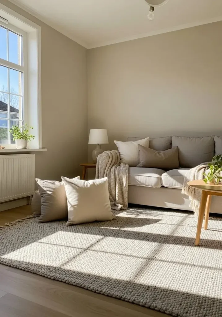 Living room with neutral beige walls and cozy furniture, creating a bright and inviting space.
