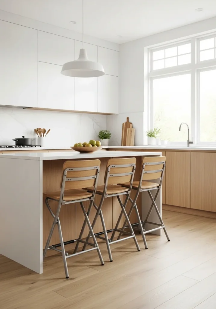 Foldable and stackable bar stools for space-saving seating at a kitchen island