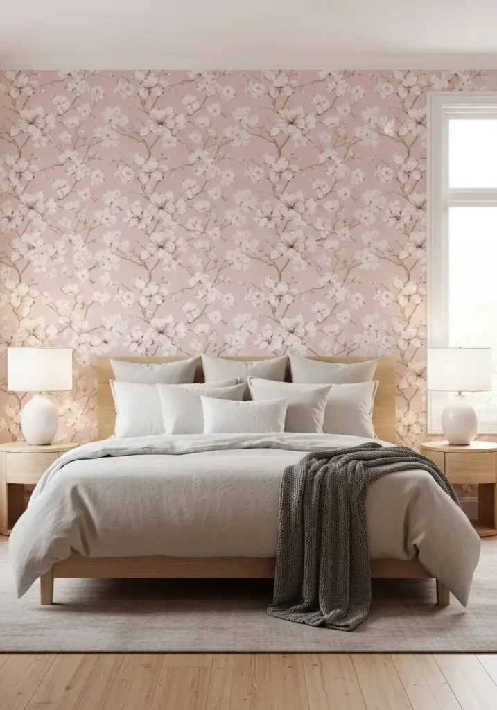 Romantic bedroom with pink floral wallpaper and calming neutral decor