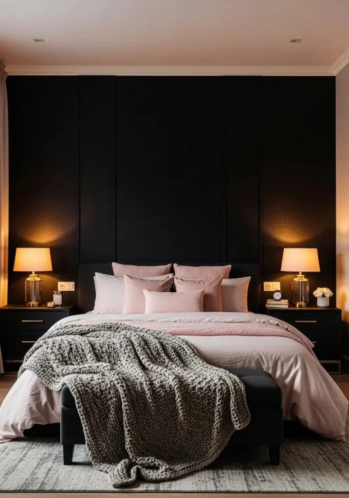 black accent wall with pink bedding in modern bedroom
