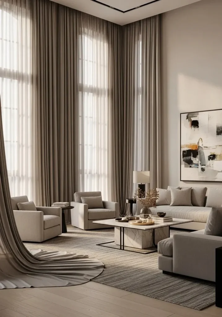 luxury living room with floor to ceiling curtains and natural light