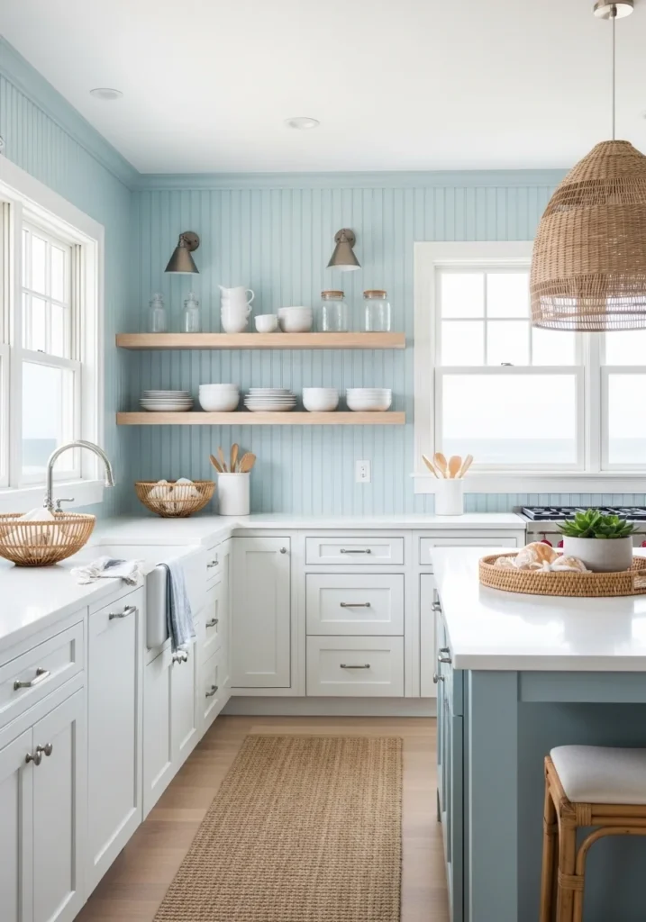Light blue beadboard backsplash kitchen with coastal beach style design