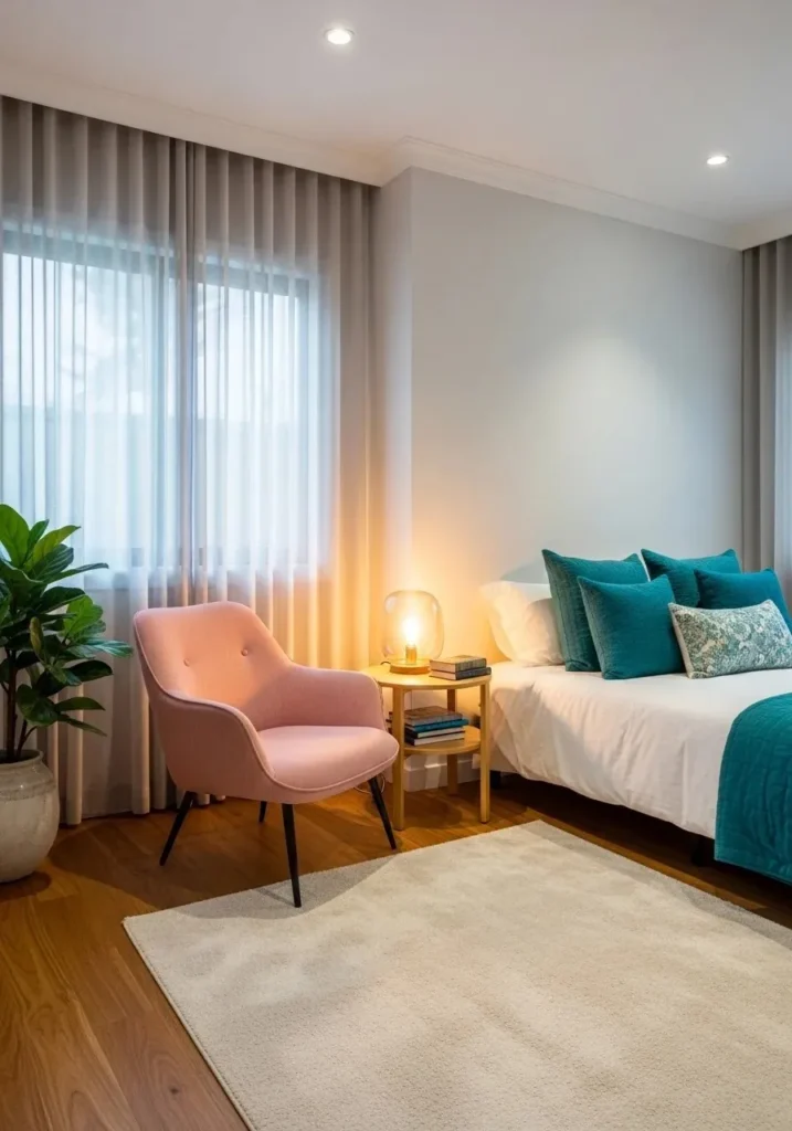 Pink chair with teal pillows bedroom