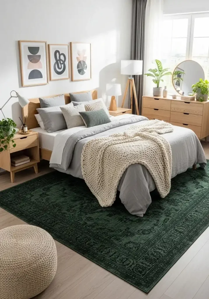 dark green rug bedroom cozy grounded design idea