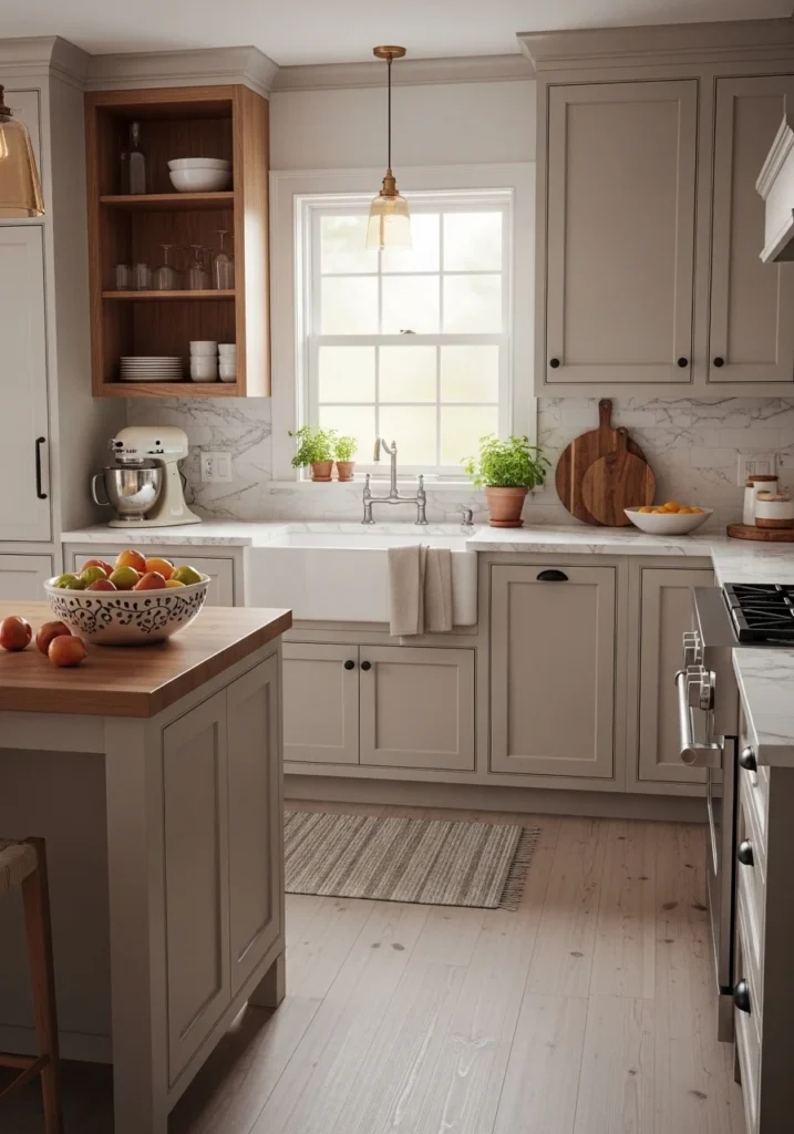 Soft beige kitchen cabinets with marble countertops.