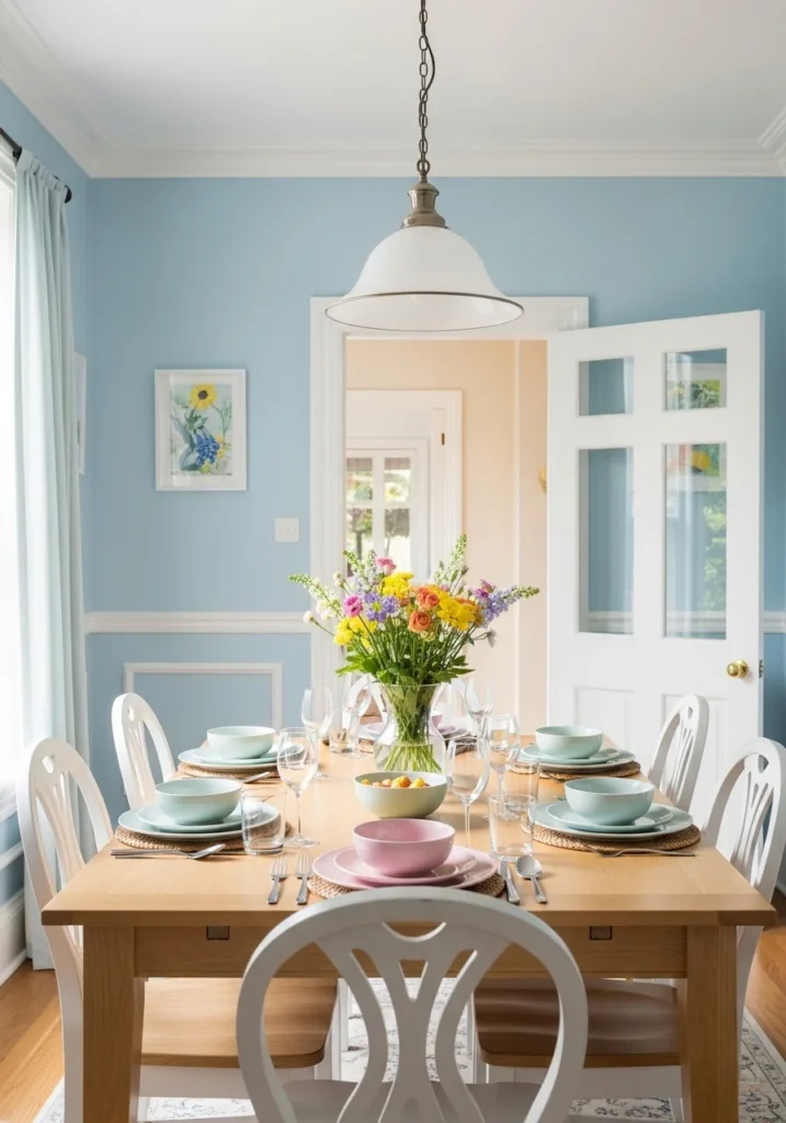 Soft sky blue walls in dining room with neutral table and pastel décor.