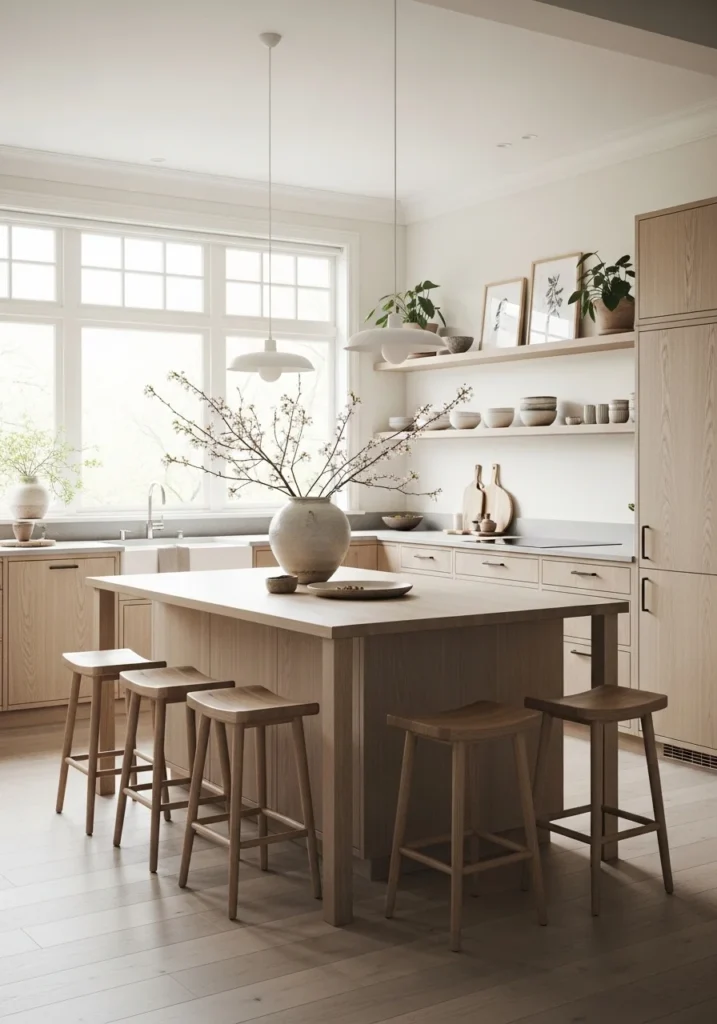 Japandi kitchen with low-profile seating for a balanced and minimalist feel.