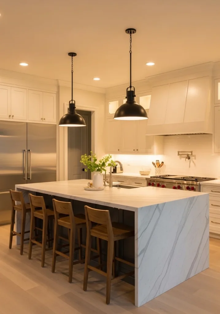 Classic pendant lights over a white marble kitchen island creating stylish task and ambient lighting.