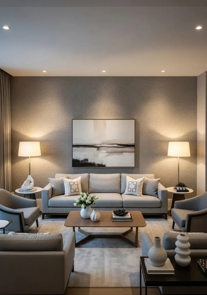 Textured wallpaper accent wall in neutral living room with soft elegant design