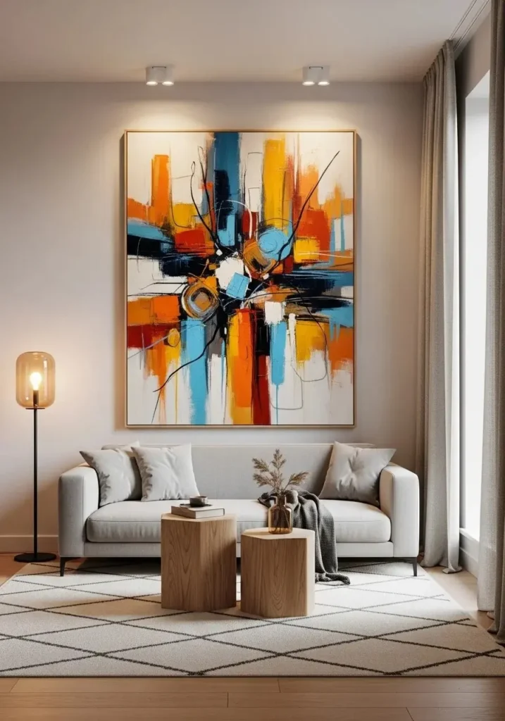 Oversized statement art above a sofa in a modern living room.