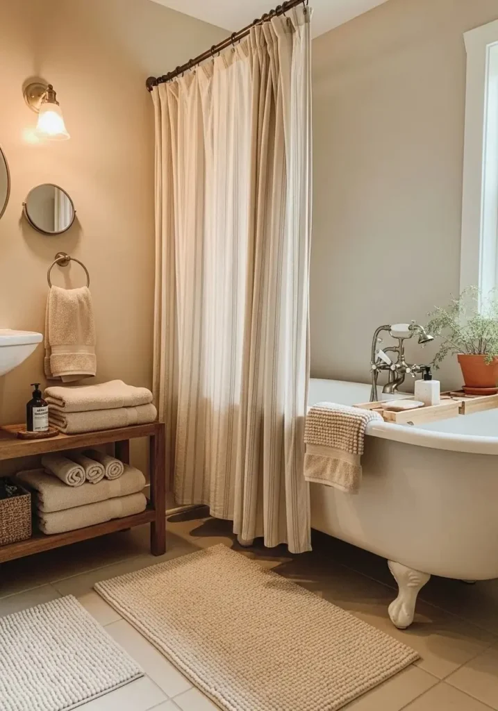 bathroom with soft textiles and cozy decor