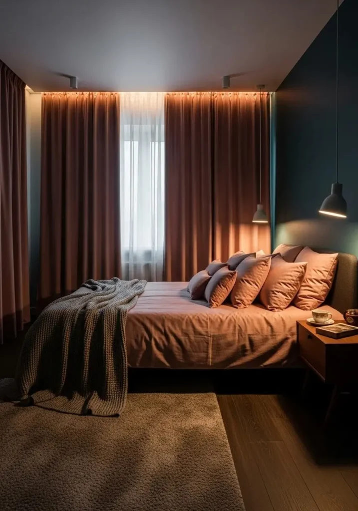 Dark teal bedroom with rose accents