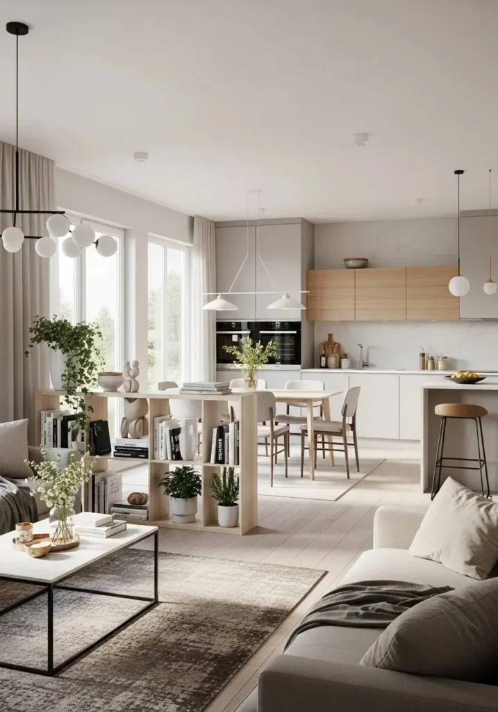 Open shelving acting as divider between living and dining areas