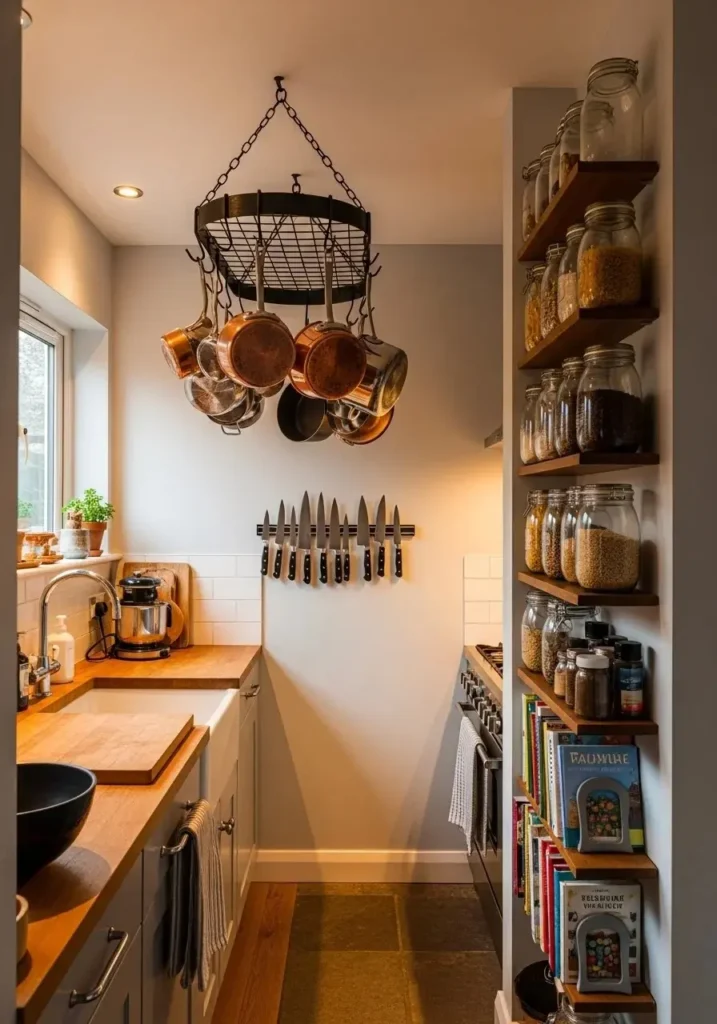 Vertical storage uses walls and tall cabinets to free counter space in small kitchens.
