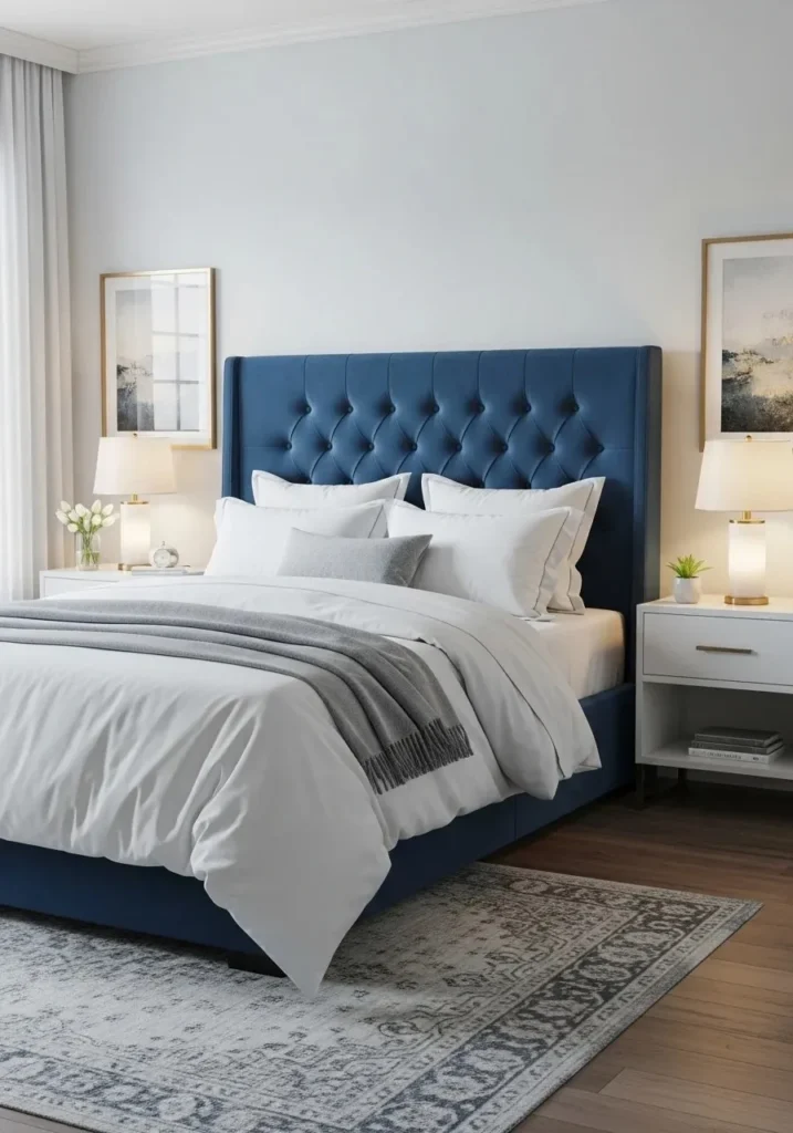 Blue upholstered headboard creating a stylish focal point in a modern bedroom