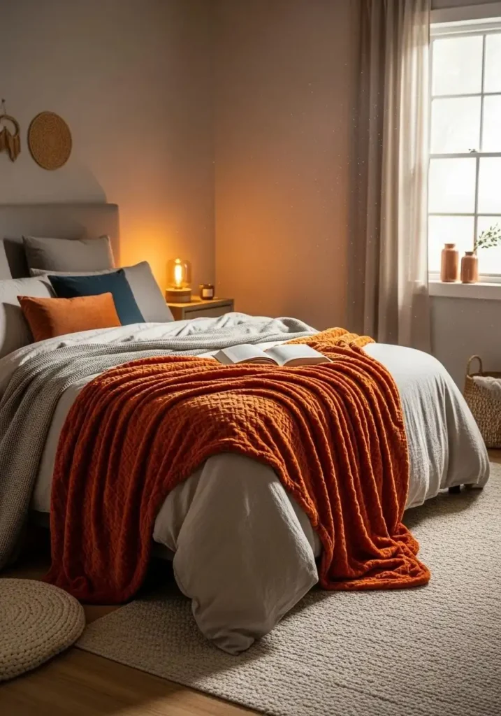 Burnt orange throw blanket on the bed adds warmth and texture to a neutral bedroom.