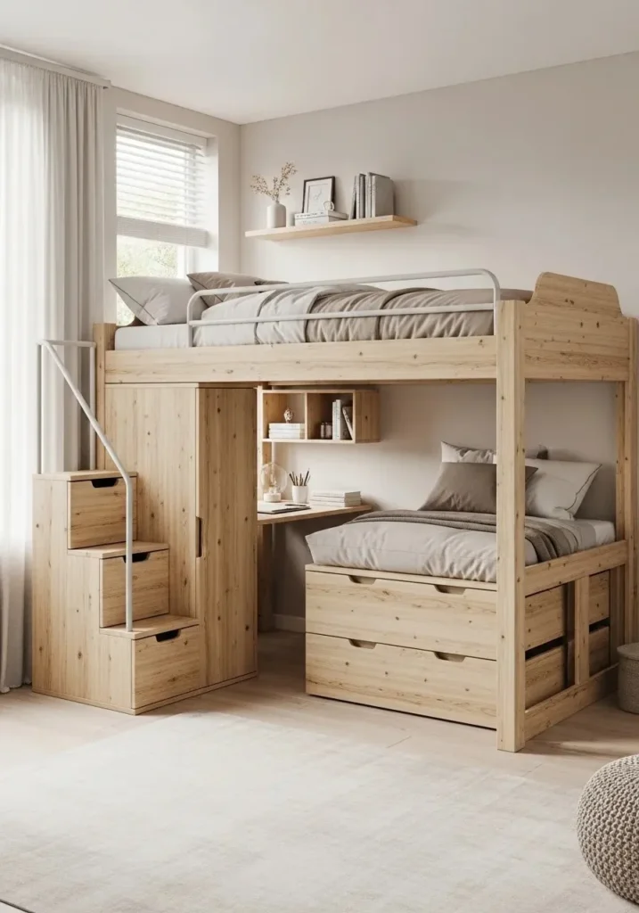 Space saving loft bed with built-in drawers and staircase storage in a modern bedroom.