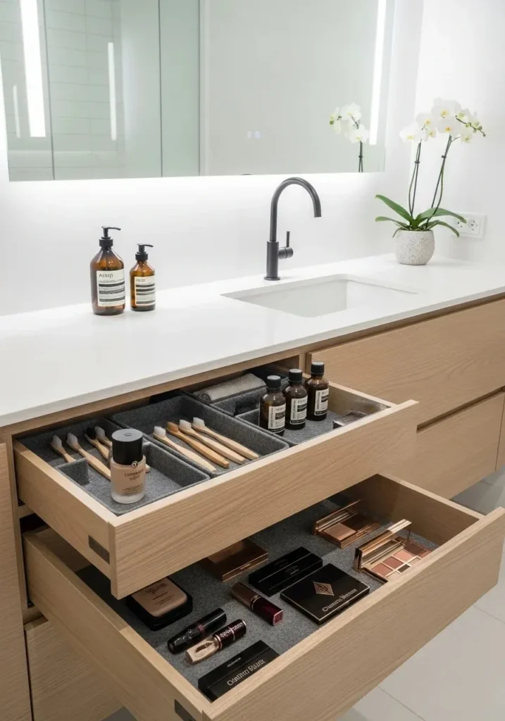 bathroom vanity with built in drawers for storage