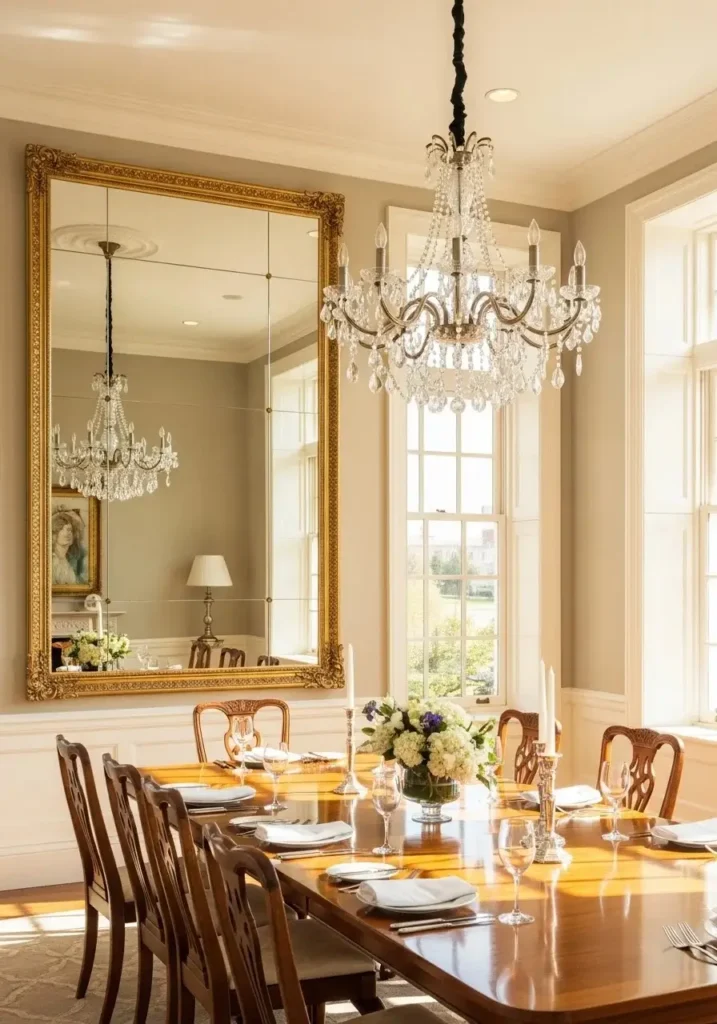 Dining room decor with large mirror to brighten and expand space