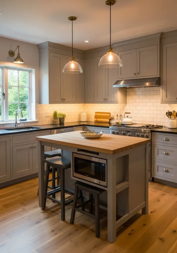 U shaped kitchen with compact island for small space