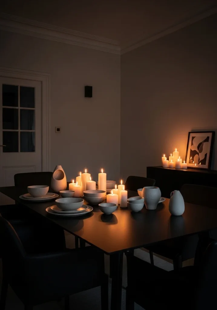 Dramatic black dining table styled in a moody dining room.
