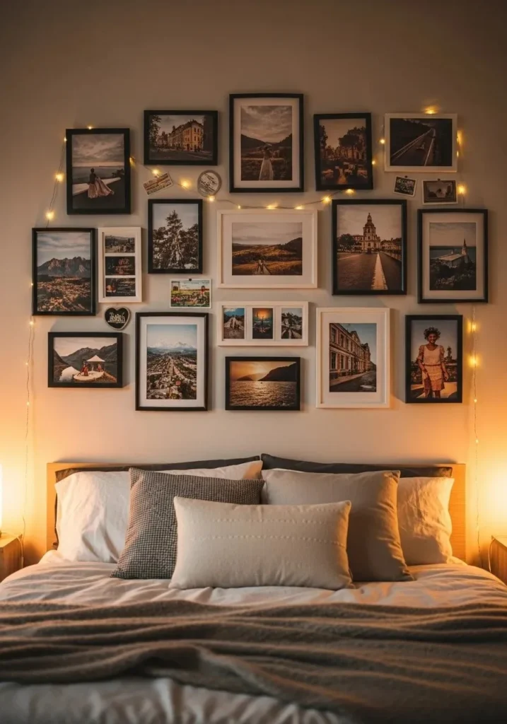 photo memory wall with framed personal photos in bedroom