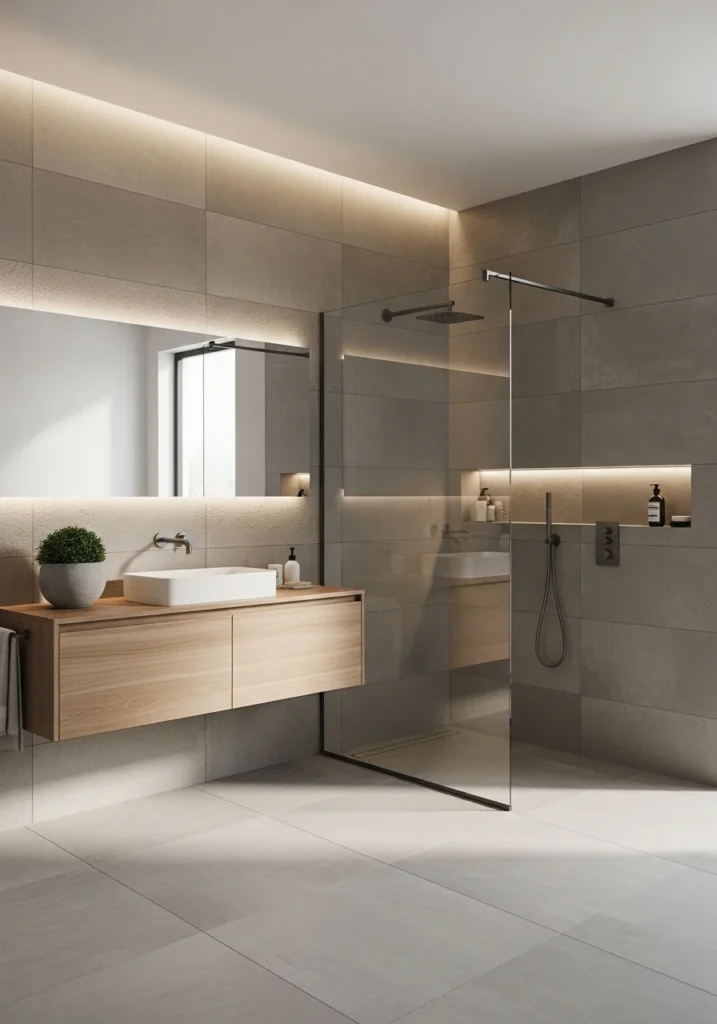 bathroom with textured decorative wall tiles