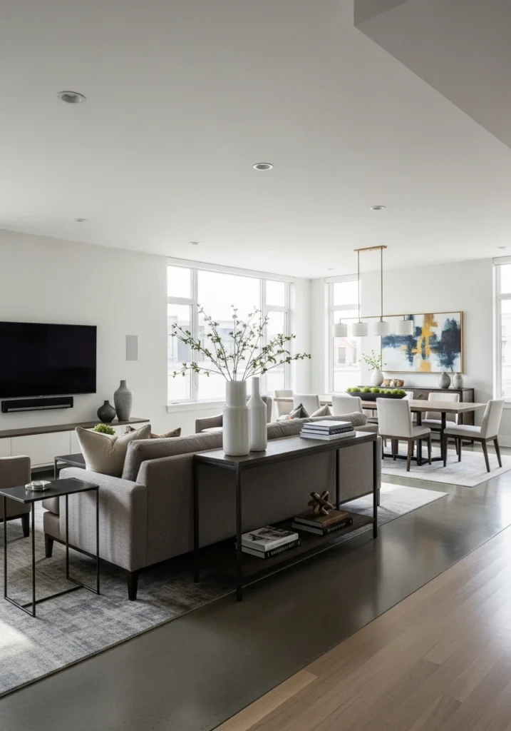 Sofa used as divider in living room dining room combo layout