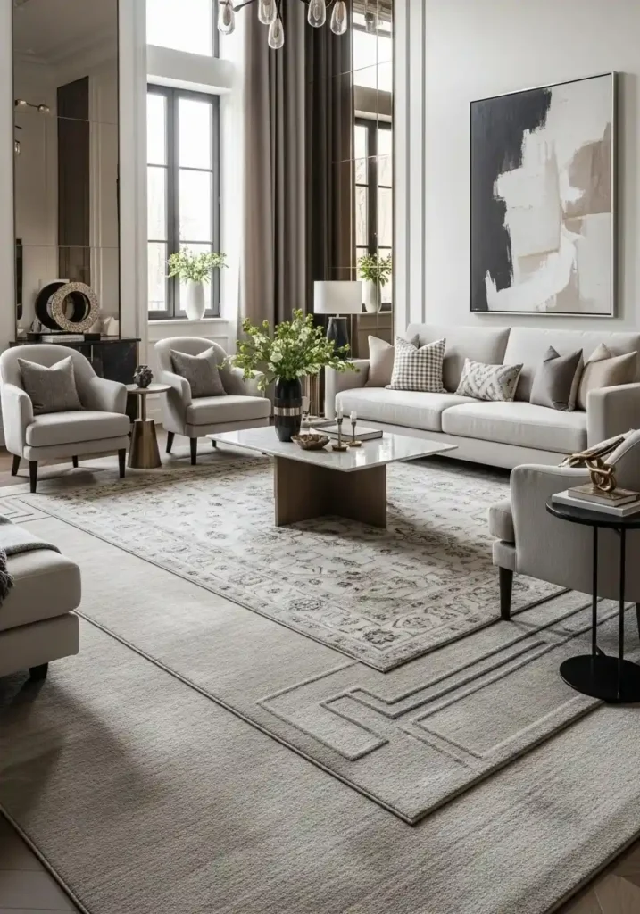 layered rugs luxury living room cozy seating area