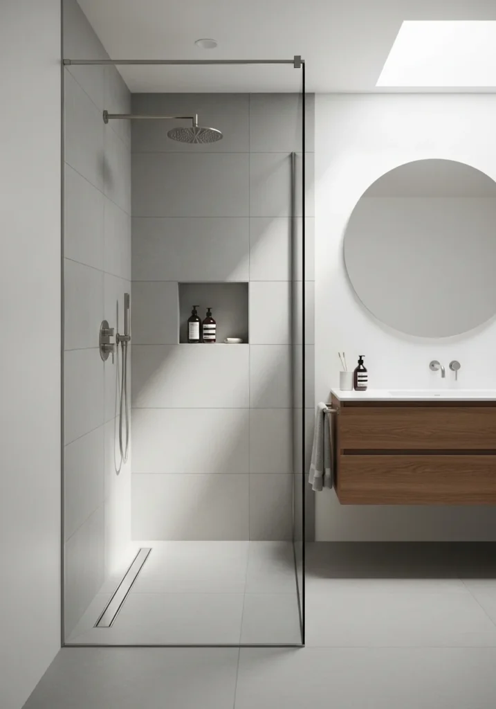 Narrow walk-in shower in a small bathroom