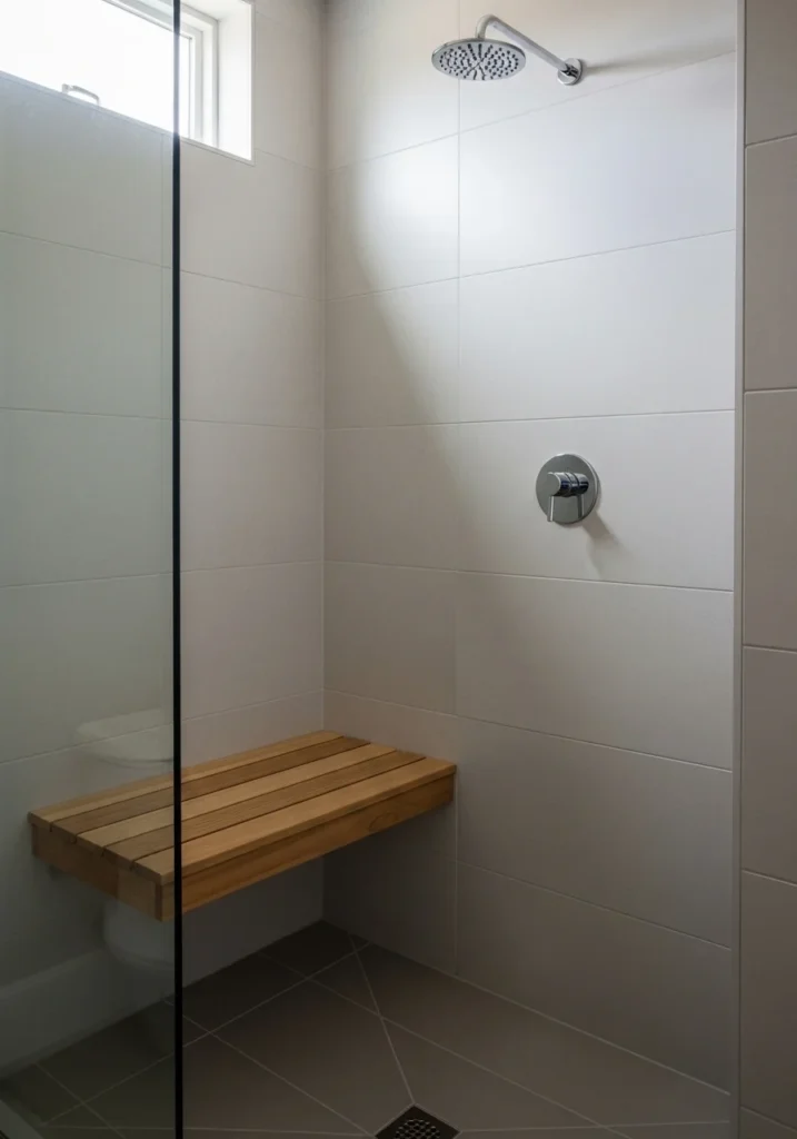 Floating shower bench providing seating in a small bathroom