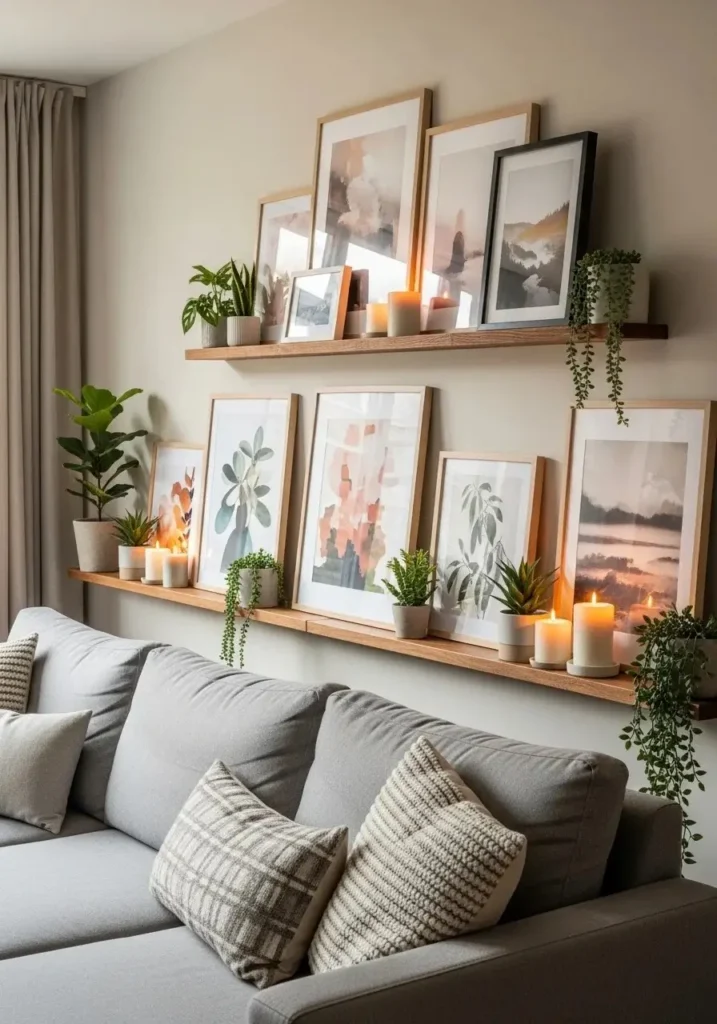 Gallery ledge displaying framed prints and decor in living room.