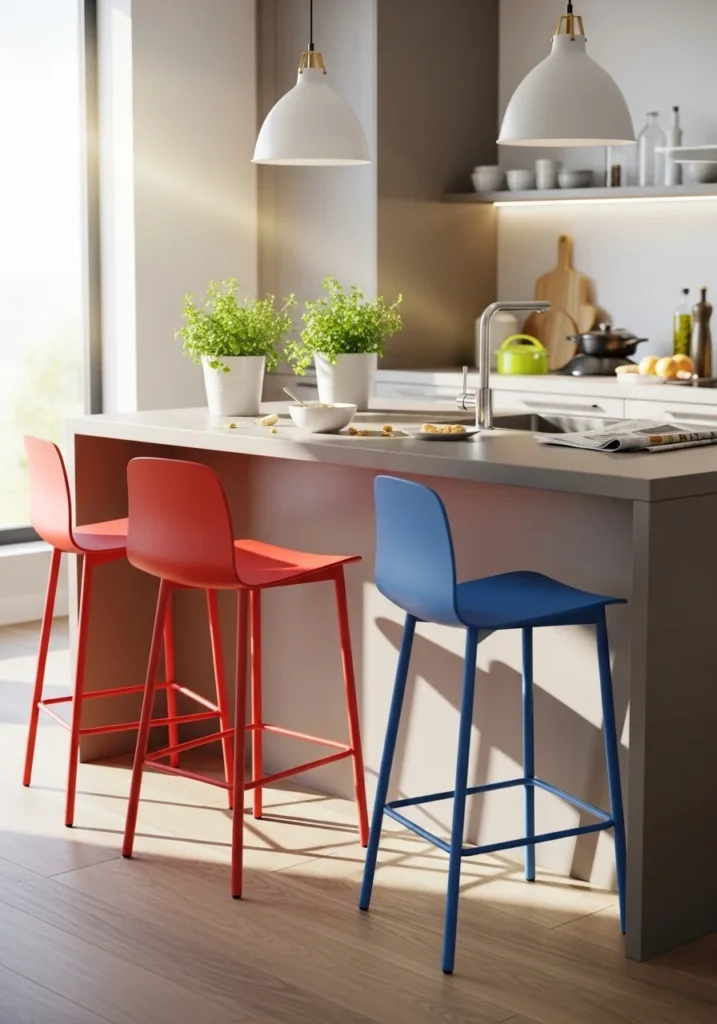 Colorful bar stools adding a pop of personality to a modern kitchen island