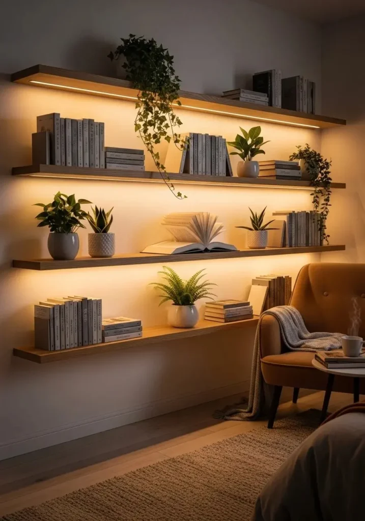 LED shelf lighting highlighting decor in bedroom