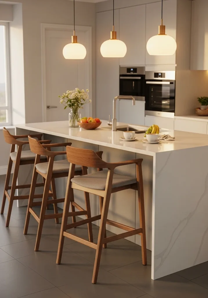 Bar stools with armrests providing comfortable and elegant seating at a kitchen island