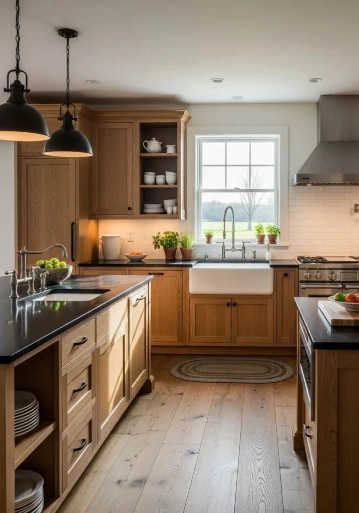 black countertops with wood cabinets kitchen