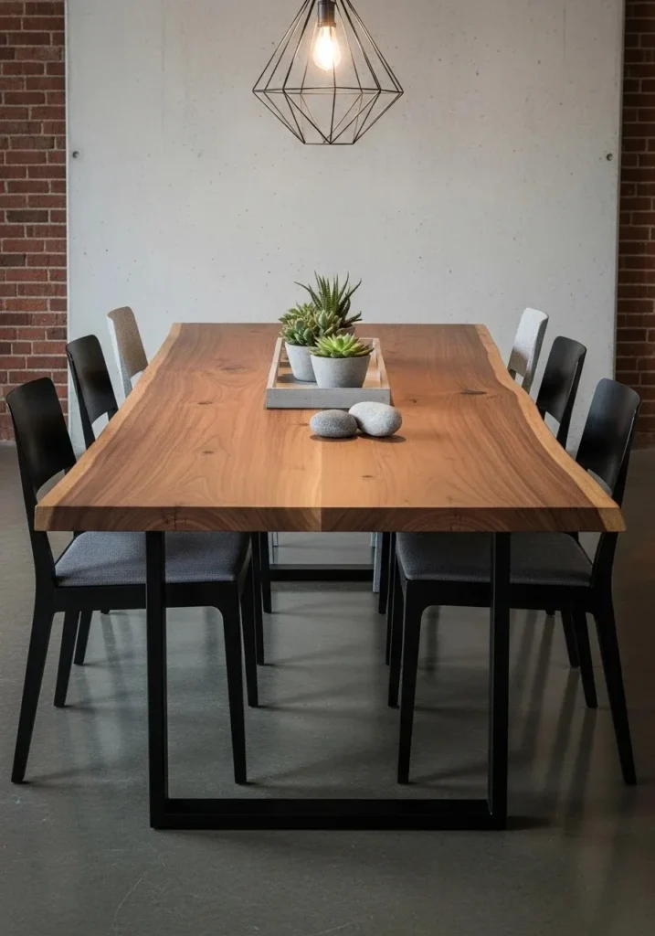 Wooden and metal mixed-material dining table with modern decor for a stylish contemporary look.