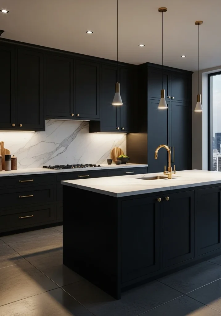 Modern kitchen with black cabinets and white countertops.