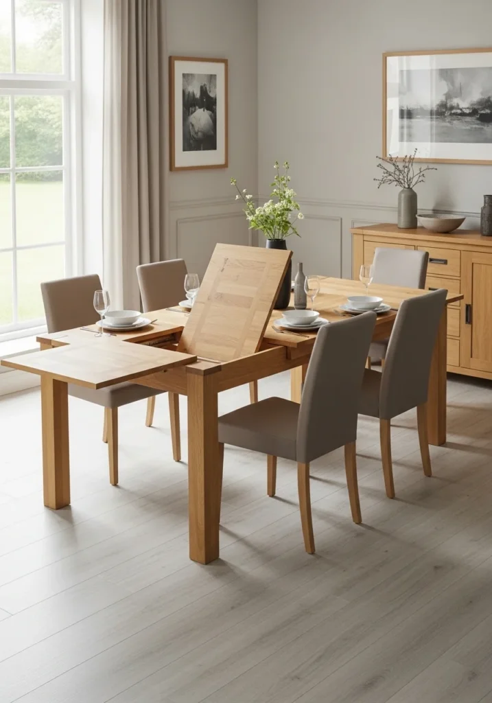 Extendable wooden dining table partially extended with six seats for flexible dining arrangements.