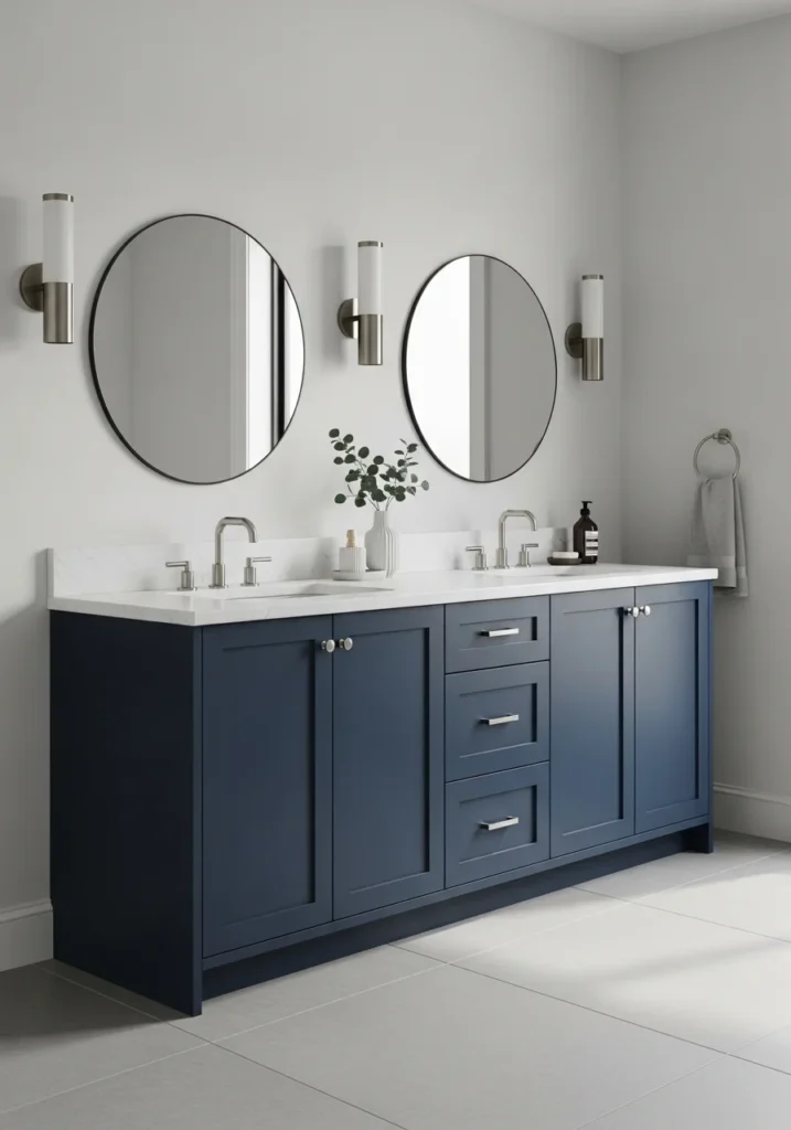 Navy blue double sink vanity creating a bold statement in the bathroom.