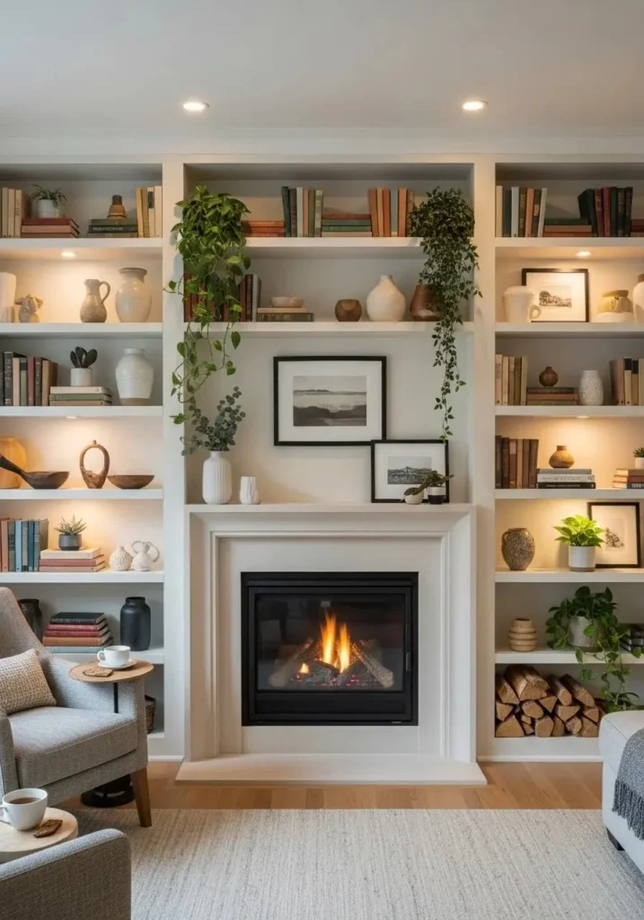 Living room fireplace with built-in shelving holding books, plants, and decorative items.
