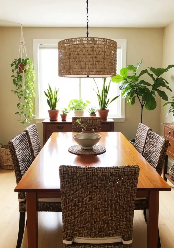 Natural elements like plants and wood in dining room decor