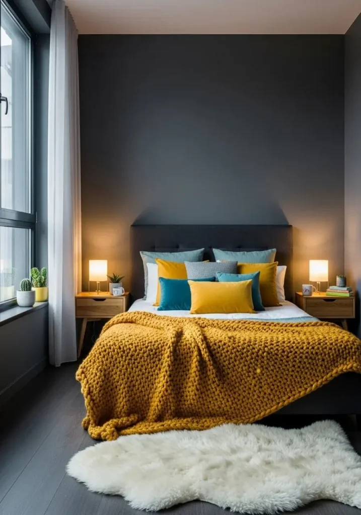Dark gray bedroom with small colorful accent pieces.