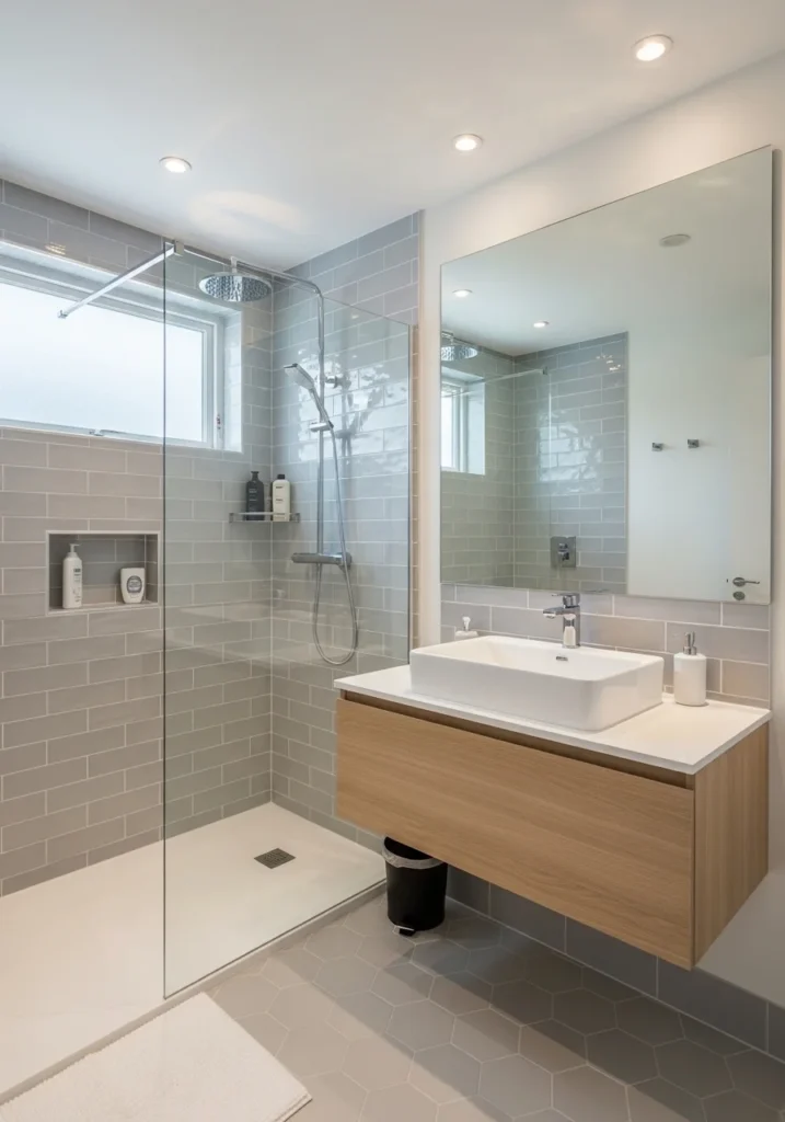 Large mirror reflecting walk-in shower in small bathroom