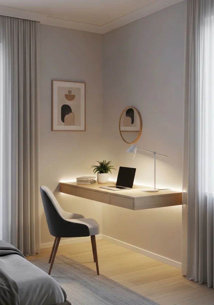 LED lighting on desk for functional bedroom workspace