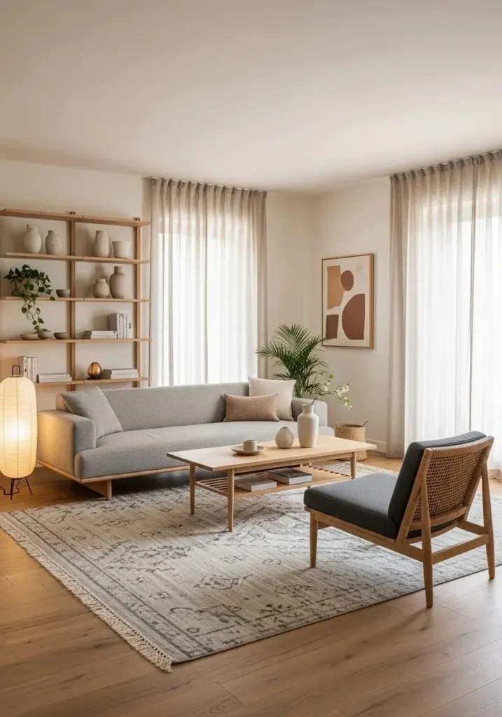 Japandi living room with balanced and open layout design