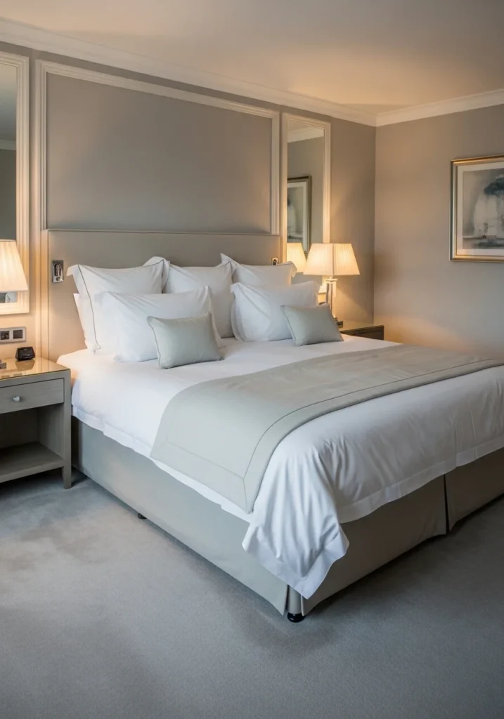 hotel style bedding in luxury master bedroom